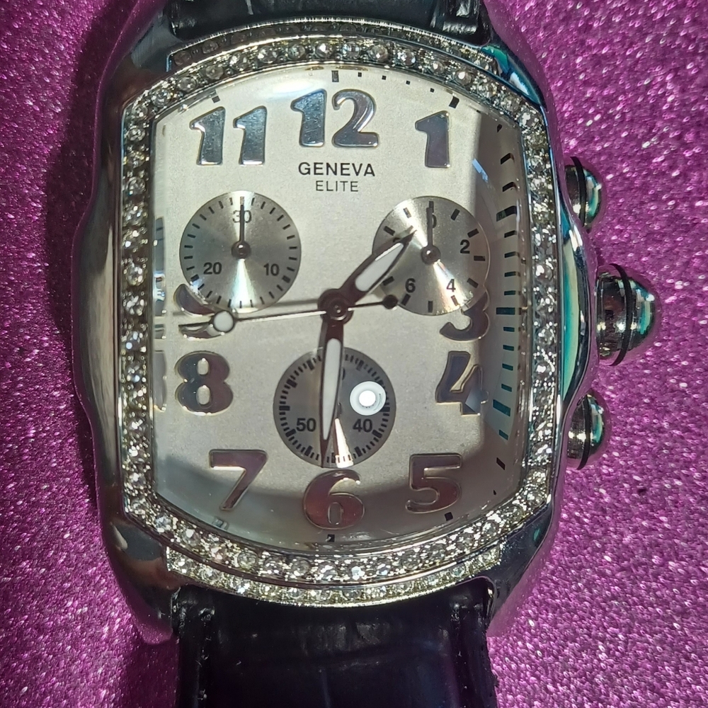 geneva white crystal face black leather strap